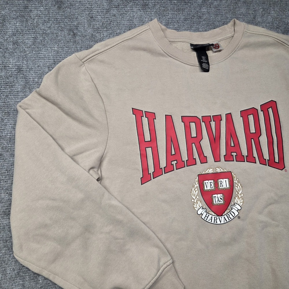 Harvard Sweatshirt Mens Small Beige H&M Regular Fit Crewneck Fleece Pullover - Picture 4 of 15